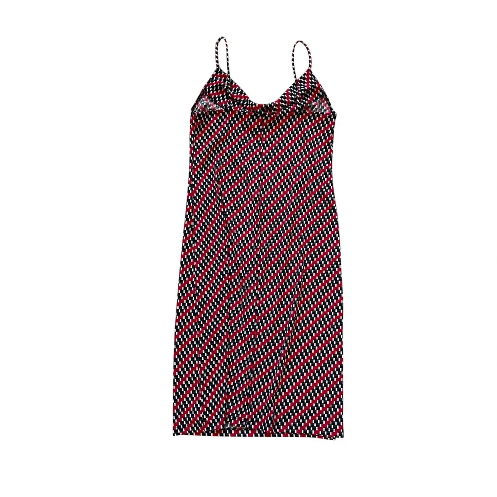 VTG‎ red black white patterned droop neck sleeveless midi dress M formal